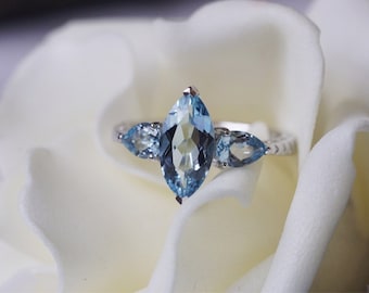 Three stone ring, Aquamarine engagement ring, aquamarine ring, dainty multi stone ring in 18K White Gold, multi birth stone ring for women