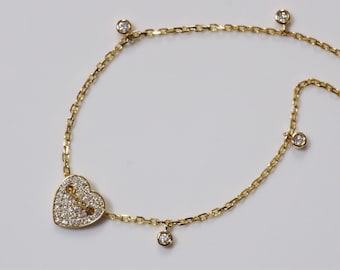 Diamant Herz Kettenglied Armband, 18k Gelbgold Armband, Pave Diamant Herz Bettelarmband, geschichtetes Diamant Armband Set, dünne Goldkette