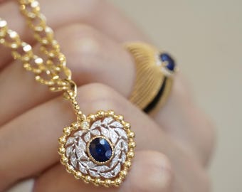 18K Solid gold pendant necklace/Gemstone Pendant/Blue Sapphire Necklace/Gift for her/Birthday Gift/Everyday Necklace/Vintage Gold Jewelry