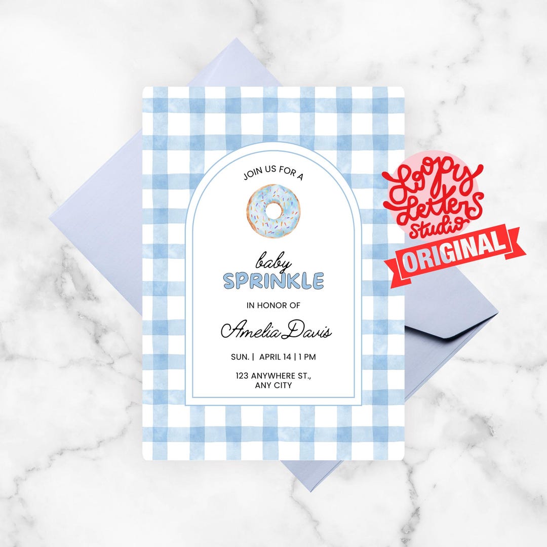 Baby Sprinkle Invitation Template | Donut Blue Plaid Gingham | Instant ...