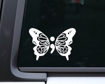 Pegatina para parachoques para prevención del suicidio, calcomanía para automóvil con mariposa y punto y coma, calcomanía de concienciación sobre la salud mental, quédese