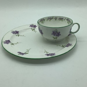 Vintage Royal Doulton England China Pattern E8434 Purple Flowers Green Trim Snack Plate & Cup Set Made in England