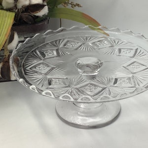 Vintage Pedestal Cake Stand Sparkling Cut Glass Scalloped Edges