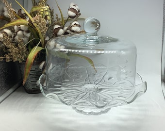 Princess House Crystal Clear Glass Heritage Pattern Design Cake Stand with Glass Dome