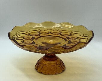 Vintage LE Smith Glass Co. USA Amber Glass Moon & Stars Pattern Cake Stands Rolled Edge