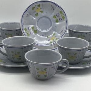 Longchamp Set 5 Vintage Printempp French Falence Cup and Saucer Made In France