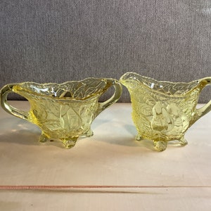 Vintage Indiana Tiara Glass Set Yellow Sweet Pear Creamer and Sugar Bowl