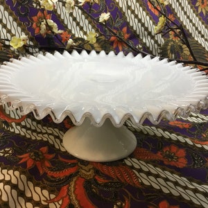 Sandwich Plate Cake Plate Silver Crest by FENTON 13 inches diameter white milk glass gift photo prop Service plate
