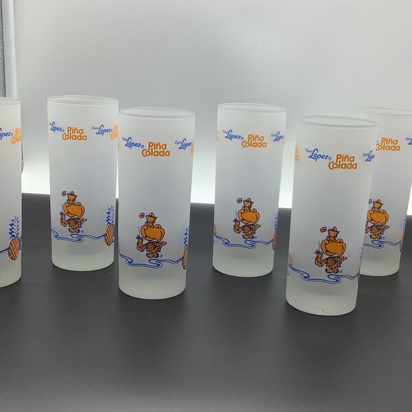 Coco Lopez Pina Colada Set 6pc Glasses 6” Cocktails Glasses Recipe Tiki Parrot