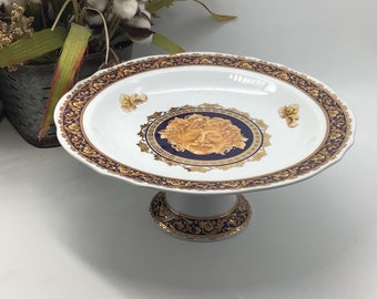 Beautiful T.Limoges Porcelain Versace Inspired Bacchus 11 1/2” inches Round Serving Cake Dessert Stand Made in France