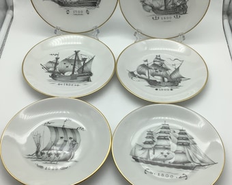 Rorstrand Porcelain Set 6pc Historic Sailings Ship’s 7 3/8” Collection Plate Gold Trim Sweden