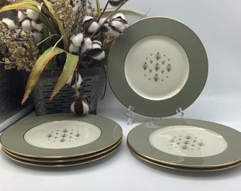 Juego de 6 platos para ensalada Lenox USA con diseño Glendale y borde verde, diseño de flores y hojas doradas