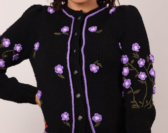 Handknit wool sweater, Floral Embroider sweater, Embroider cardigan, Knitwear sweater, 1940s reproduction clothing, Birthday gifts for her