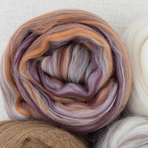 K&ouml;nnte beinhalten: Ein aufgerolltes B&uuml;ndel Kammzugwolle mit einer bunten Farbpalette aus tiefem Violett, sanftem Lavendel, warmem Orange und ged&auml;mpften Graut&ouml;nen, platziert neben einem einfarbig wei&szlig;en und einem einfarbig braunen B&uuml;ndel aus Rohfaser zum Spinnen.