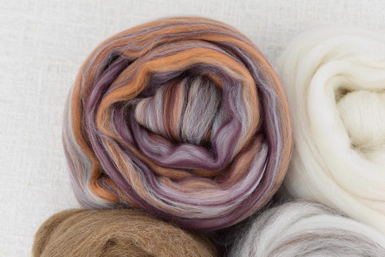 K&ouml;nnte beinhalten: Ein aufgerolltes B&uuml;ndel Kammzugwolle mit einer bunten Farbpalette aus tiefem Violett, sanftem Lavendel, warmem Orange und ged&auml;mpften Graut&ouml;nen, platziert neben einem einfarbig wei&szlig;en und einem einfarbig braunen B&uuml;ndel aus Rohfaser zum Spinnen.