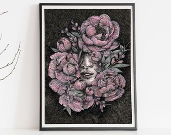 Dark Floral Printable Drawing Art, Surreal Flower Digital Download Illustration