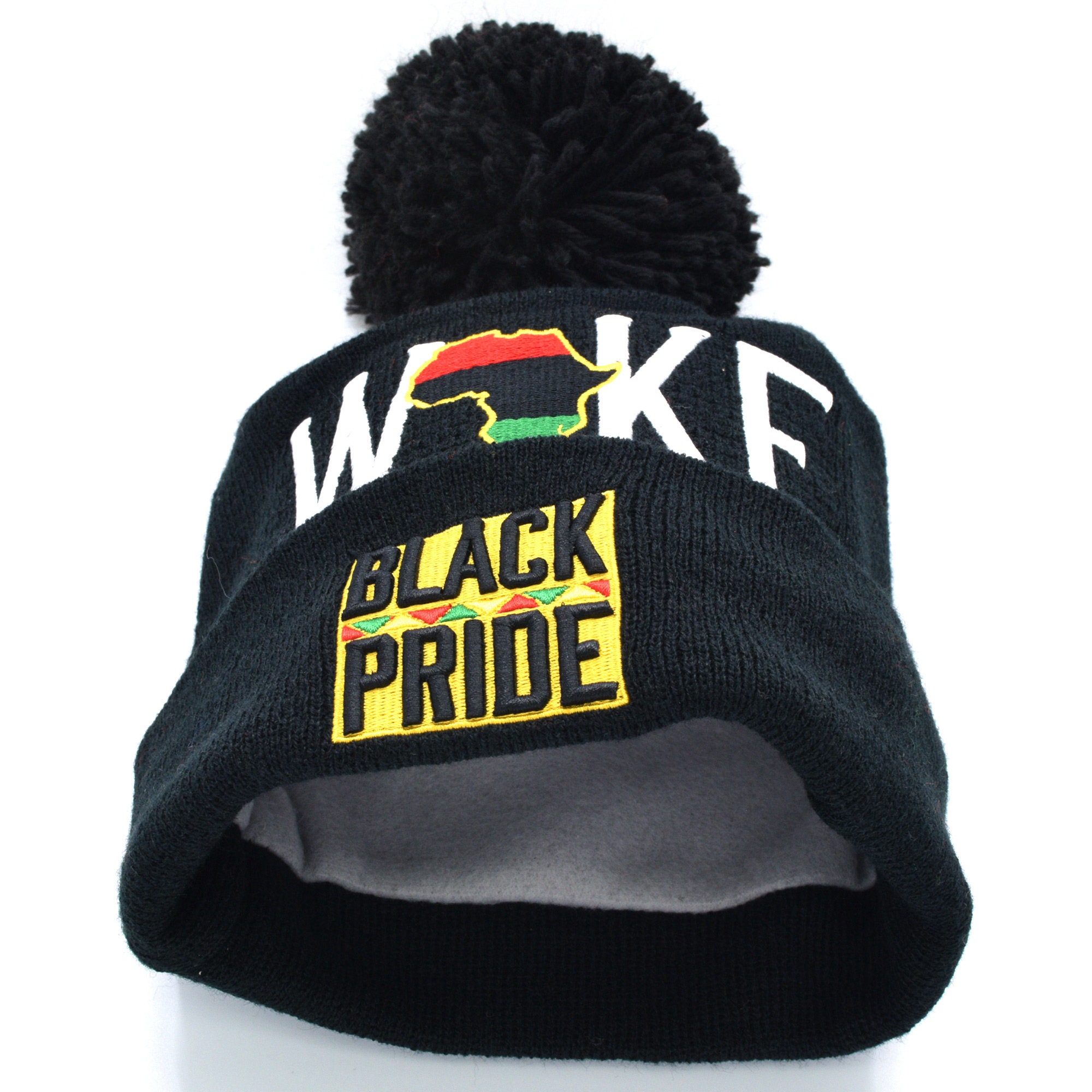 WOKE Black Pride Leader Africa Map New Embroidery Beanie Pom Adult