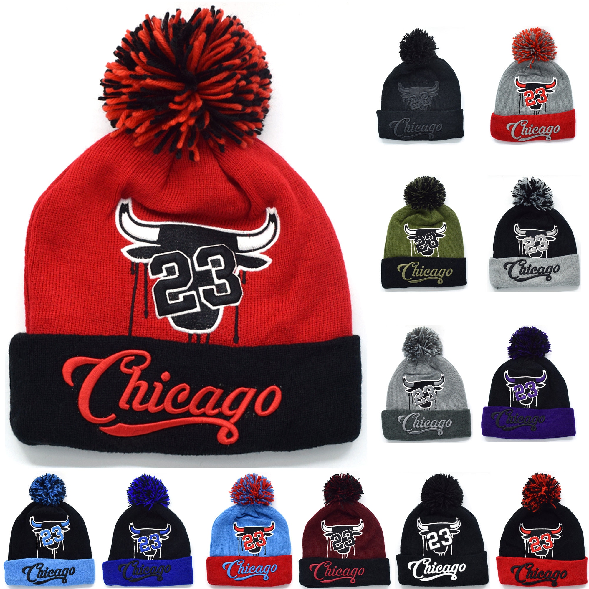 Chicago Bulls New Era Banner Cuffed Knit Hat with Pom - Black/Red