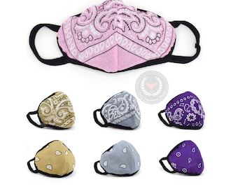 Fashion Cloth  Face Mask Paisley Bandana Washable Reusable Pink Khaki Grey Purple Made in USA