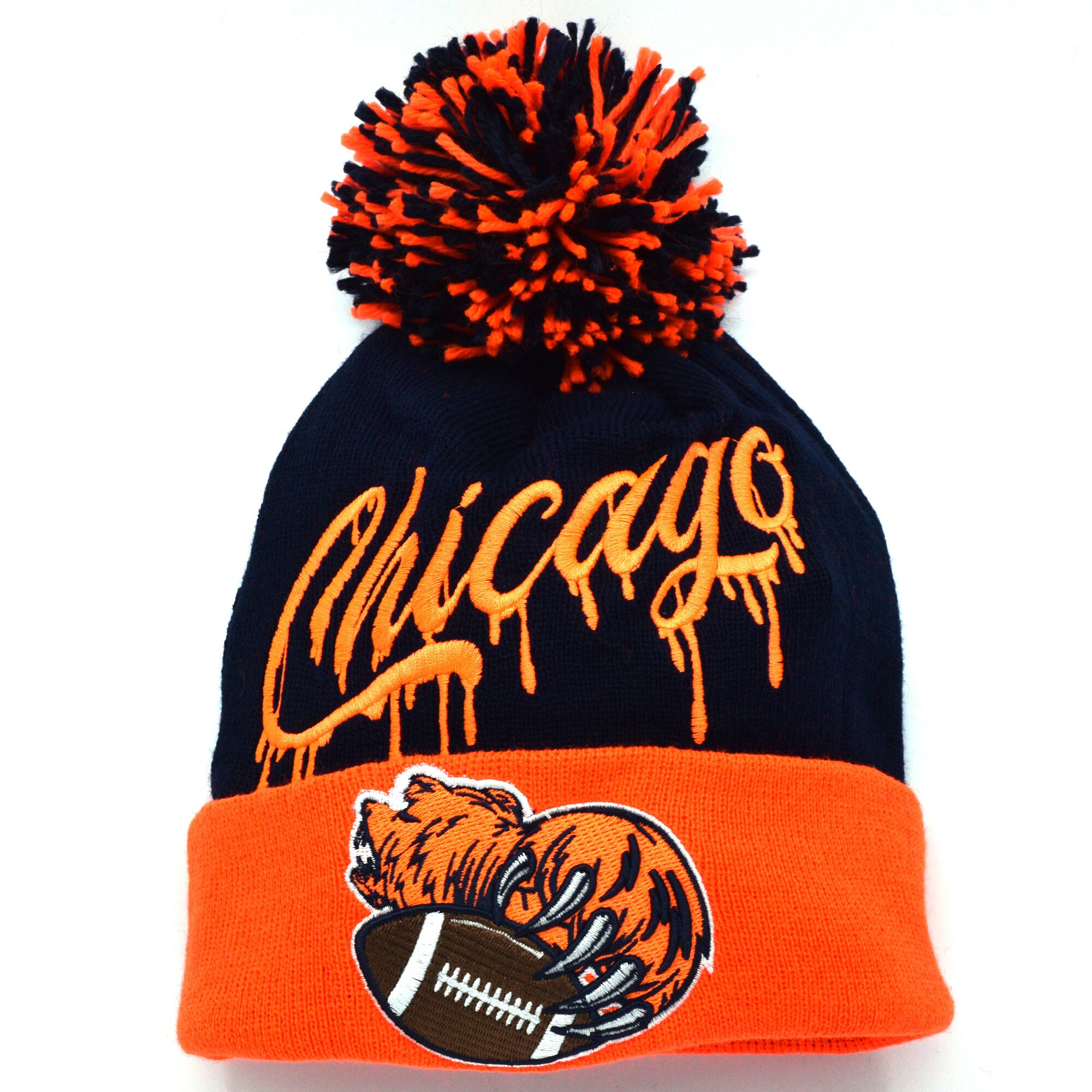 Chicago Football Navy Orange Color New Leader Knit Skull Cap Beanie Bear Winter Hat