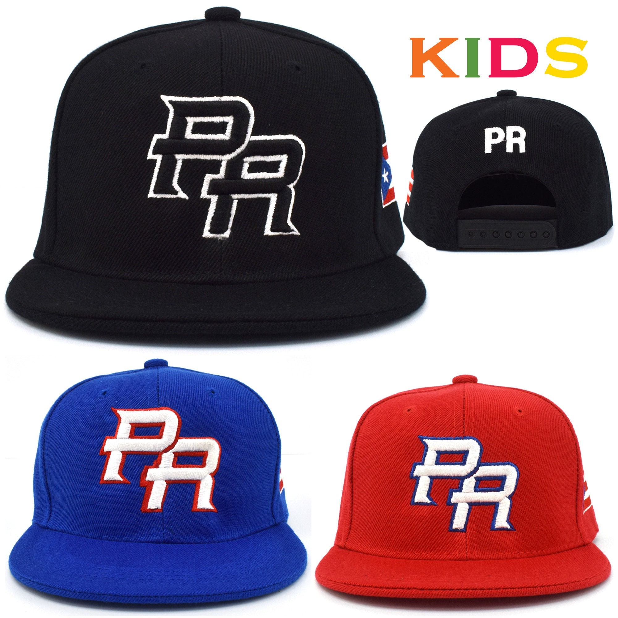 PR Kids Snapback Hats Junior Boys Puerto Rico Flag Embroidery 