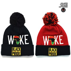 WOKE Schwarz Pride Anführer Afrika Karte Neue Stickerei Beanie Pom Erwachsene Hut Kappe