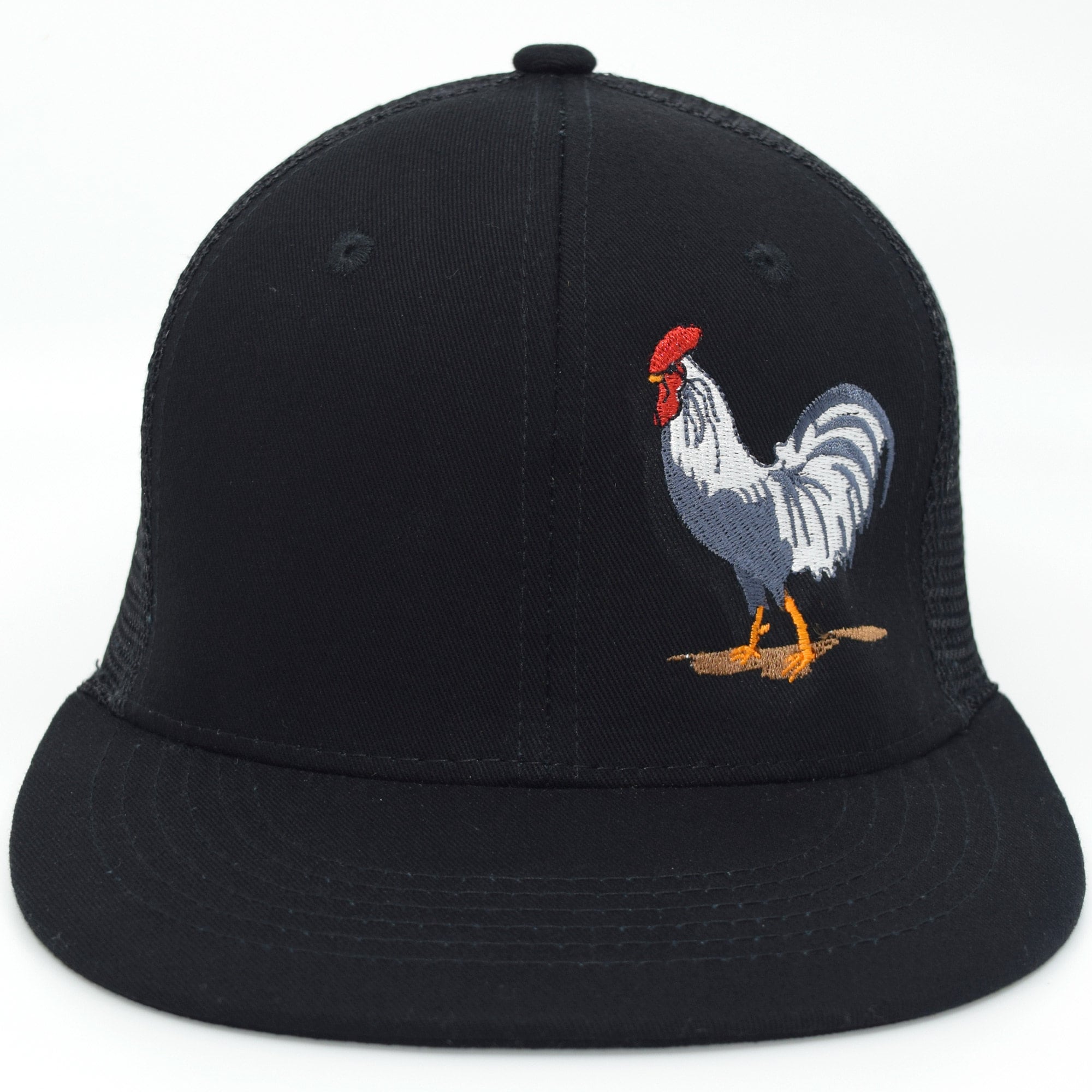 Black Trucker Hat with Embroidered Rooster and Red Accent Stitching NY Rooster Black Embroidered Trucker Hat – MexWest main image 4