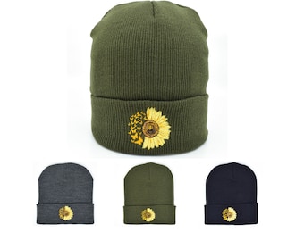 Sunflower Butterfly Embroidered Cuffed Fold-up Beanie Skully Knit