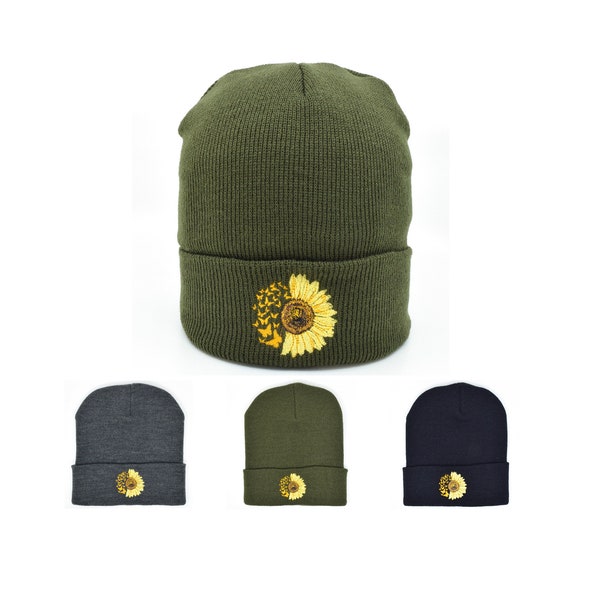 Sunflower Butterfly Embroidered Cuffed Fold-Up Beanie Skully Knit Hat Winter Cap