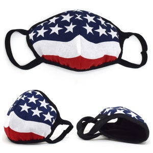 May include: A reusable face mask with a red, white, and blue American flag design. The mask is made of a soft, breathable fabric and has adjustable ear loops.