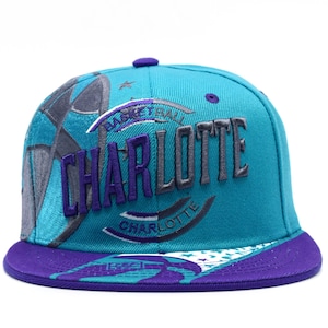 May include: A teal baseball cap featuring the embroidered text CHARLOTTE in purple and grey. The design includes a grey basketball graphic on the side and a purple brim with a white and teal patterned accent. The cap has a structured crown.