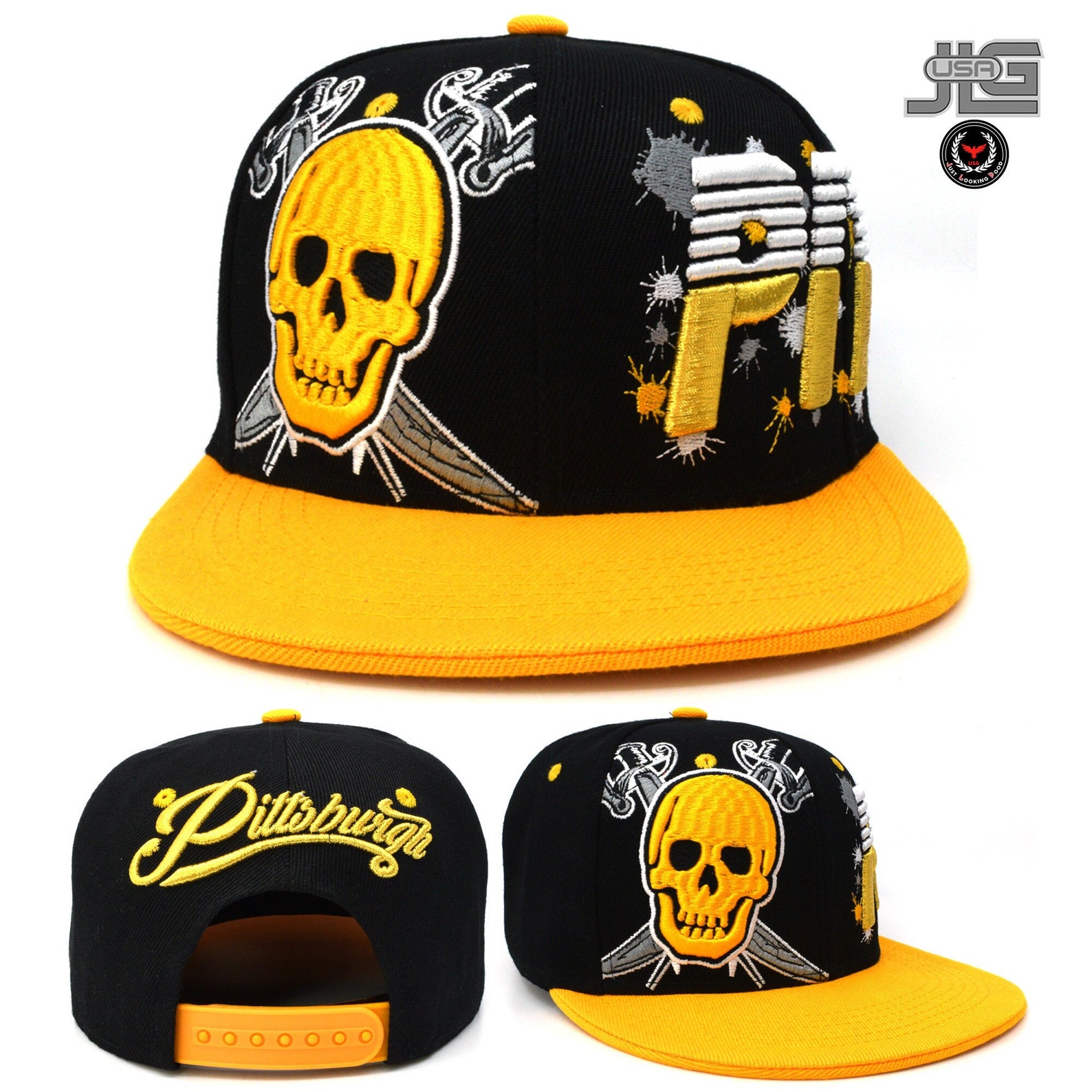 Pittsburgh Baseball Cap Splash P Skull Gold Black Snapback Hat Etsy