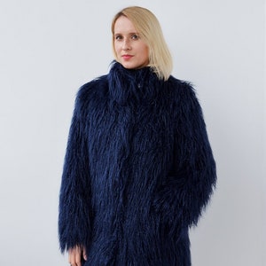 Navy Blue Faux Fur Coat Shaggy Faux Fur Coat Long Faux Fur Coat Shaggy ...