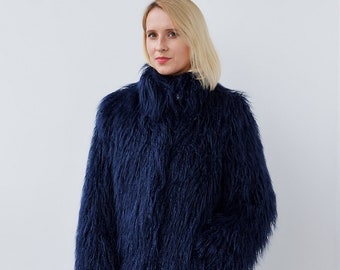 Navy Blue Faux Fur Coat | Shaggy Faux Fur Coat | Long Faux Fur Coat | Shaggy Blue Faux Fur Jacket | Faux Fur Coat "Hypnosis"