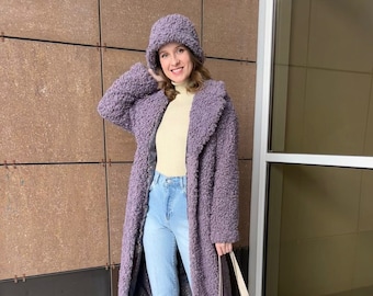 Gray Faux Fur Coat for Women, Shaggy Winter Coat, Grey Llama Faux
