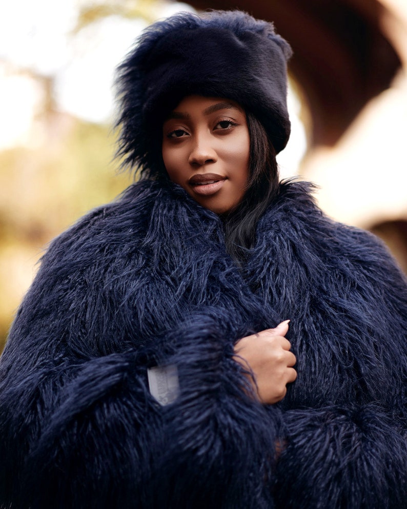 Women's Winter Fur Hat Navy Faux Fur Hat Shaggy Faux Etsy