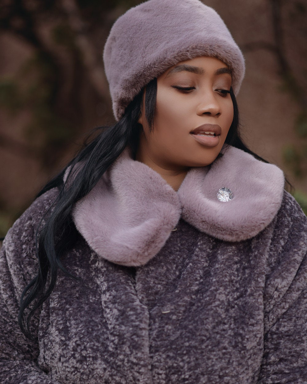 Faux Fur Jacket With Hat and Collar 