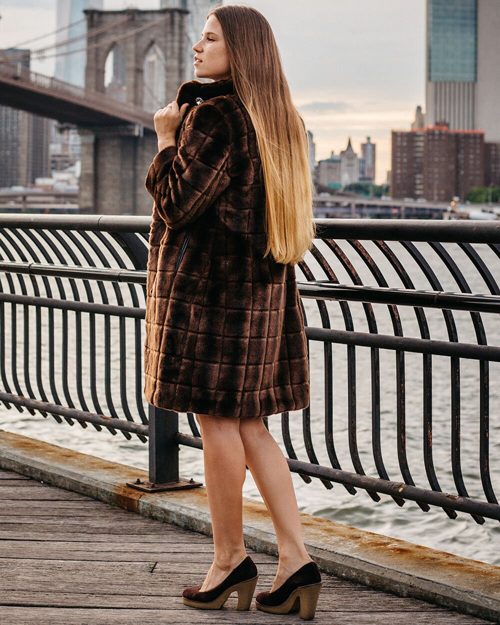 Long Faux Fur Coat with Wide Lapel - Dark Brown