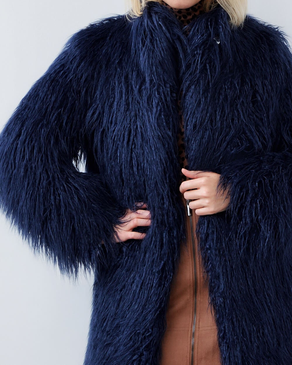 Navy Blue Faux Fur Coat | Shaggy Faux Fur Coat | Long Faux Fur