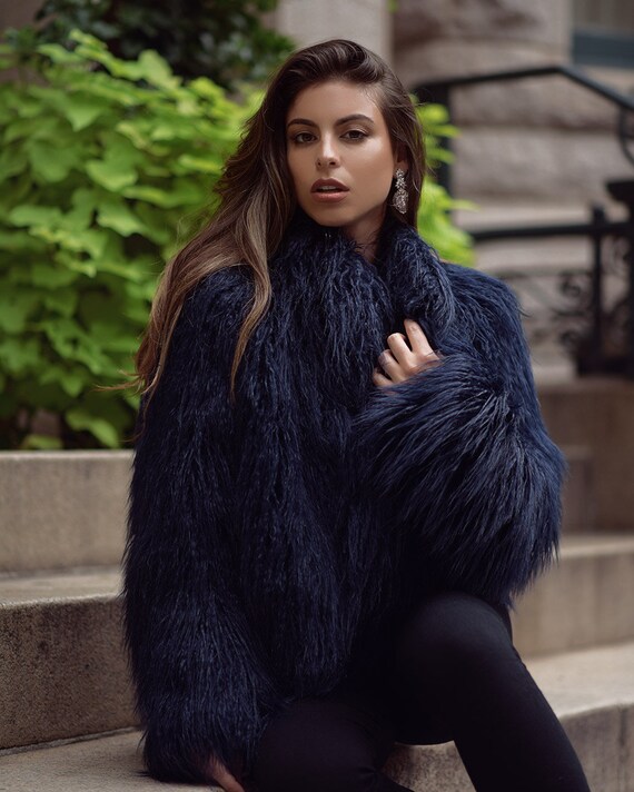 Shaggy Navy Fur Coat | Short Faux Fur Coat