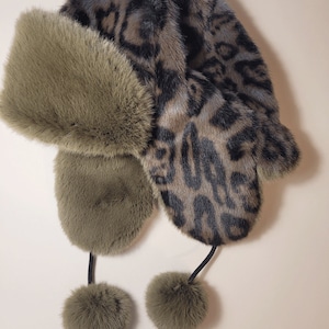 Gray Leopard Faux Fur Ushanka Hat | Olive Green Trapper with Poms