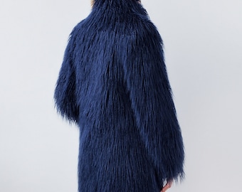 Navy Blue Faux Fur Coat | Shaggy Faux Fur Coat | Long Faux Fur