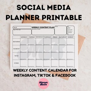 May include: A white printable social media planner with the text "SOCIAL MEDIA PLANNER PRINTABLE" at the top. The planner includes sections for weekly content planning for Instagram, TikTok, and Facebook. The bottom of the planner reads "WEEKLY CONTENT CALENDAR FOR INSTAGRAM, TIKTOK & FACEBOOK."