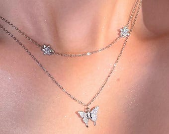Sterling Silver Butterfly Layered Necklace: CZ & Black Zircon Accents