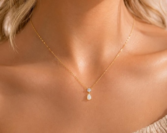 Gold Opal Necklace, 18K Gold Vermeil Sterling Silver Teardrop Opal Pendant, Dainty CZ Necklace Gift for Her