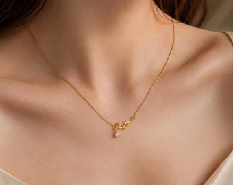 Gold Leaf Necklace, Dainty Vine Necklace with Teardrop Crystal, Minimalist Botanical Gift for Her