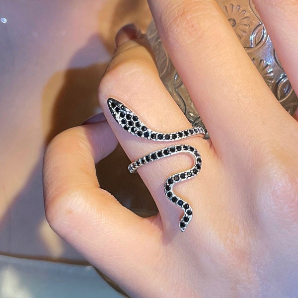 Silver Snake Ring by Wishlilly • Statement Black Crystal Serpent Jewelry for Women • Silver Pave Snake Ring