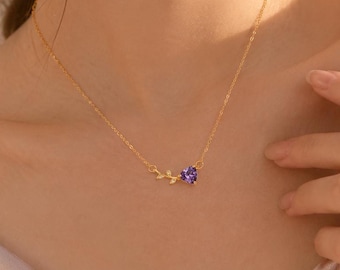 Amethyst Leaf Necklace, 18K Gold Vermeil, Sterling Silver, February Birthstone Pendant
