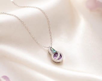 Purple Resin Teardrop Necklace, Sterling Silver Crystal Pendant