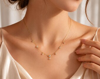 18K Gold Crystal Station Necklace with Dainty CZ Drops